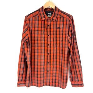 The North Face Button Up LS Shirt Shacket Mens Size L Orange Black Plaid‎ Logo